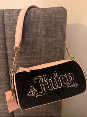 Juicy Couture Black Velvet Shoulder Barrel Bag with Pale Pink Trim
